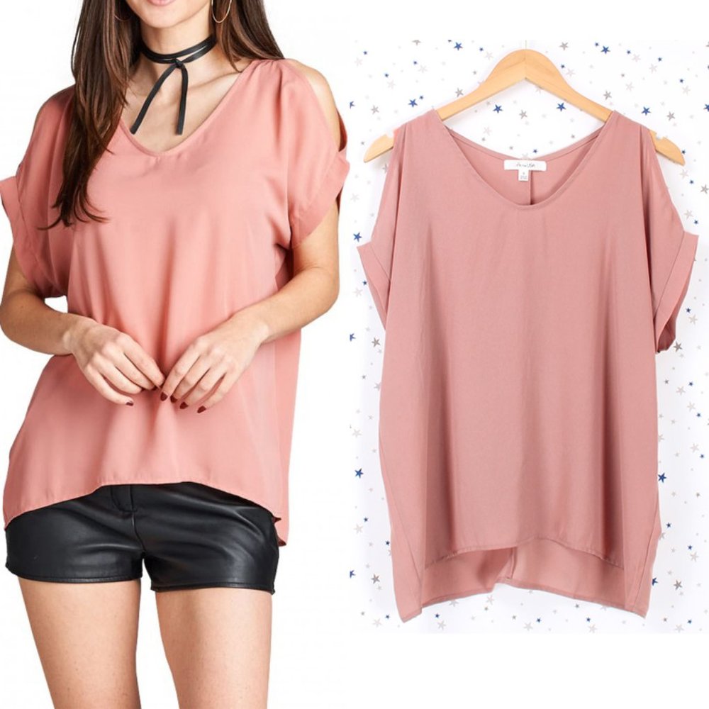 Cold Shoulder Chiffon Blouse Top Dusty Pink